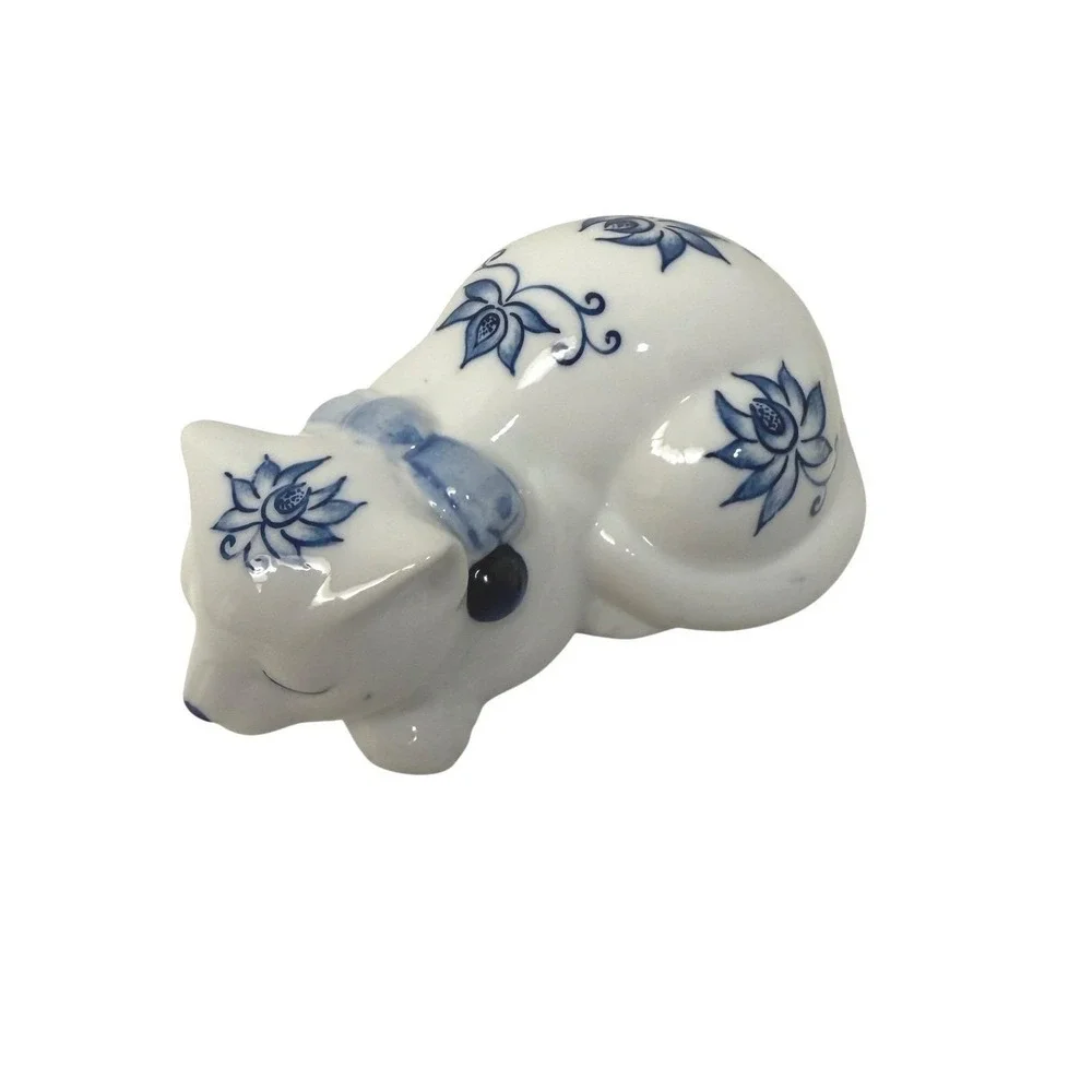 Andrea by Sadek Sleeping Cat Figurine Japan Blue White Floral Porcelain Vintage